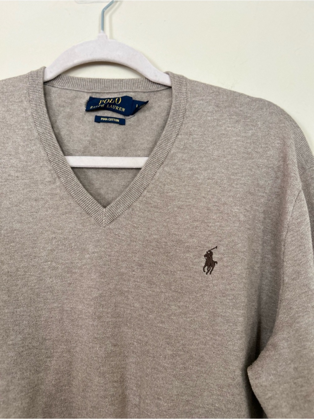 Ralph Lauren V-Neck Sweater in Light Taupe with Brown Pony
